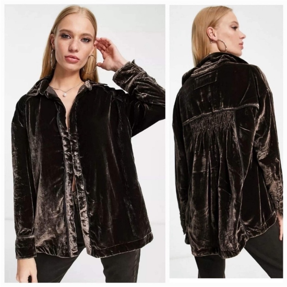 Nwt Free People Marianne top crushed velvet oversized midnight brown shirt XS